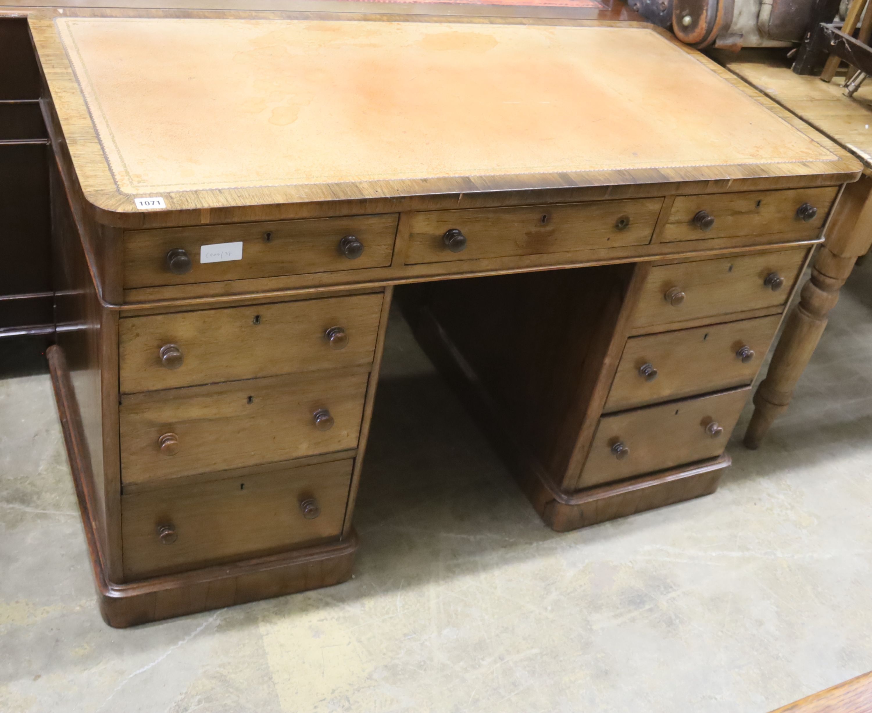A Victorian rosewood pedestal desk, length 122cm, depth 54cm, height 74cm